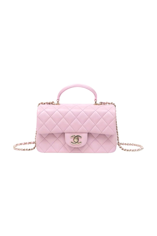 Chanel Top Handle Mini Rectangular Flap en Lambskin Lilac Pink con herrajes Gold.