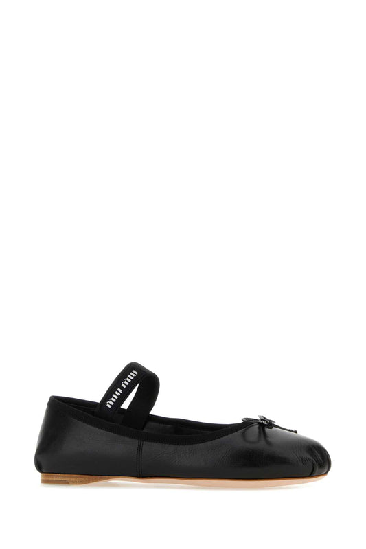 MIU MIU LEATHER LOGO ELASTIC BALLERINAS