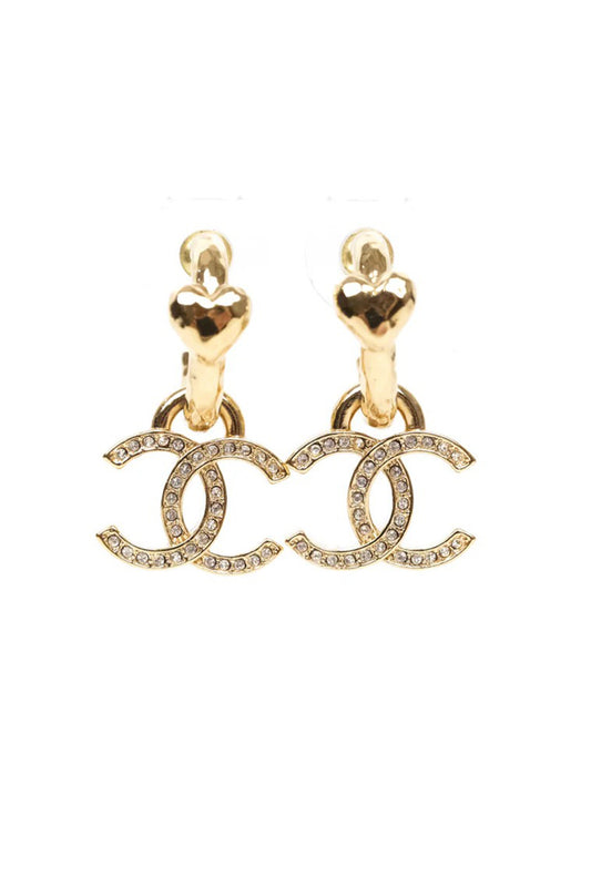 ARETES CHANEL CC HEART DROP DORADO CON CRISTALES - (COLECCIÓN 23P)