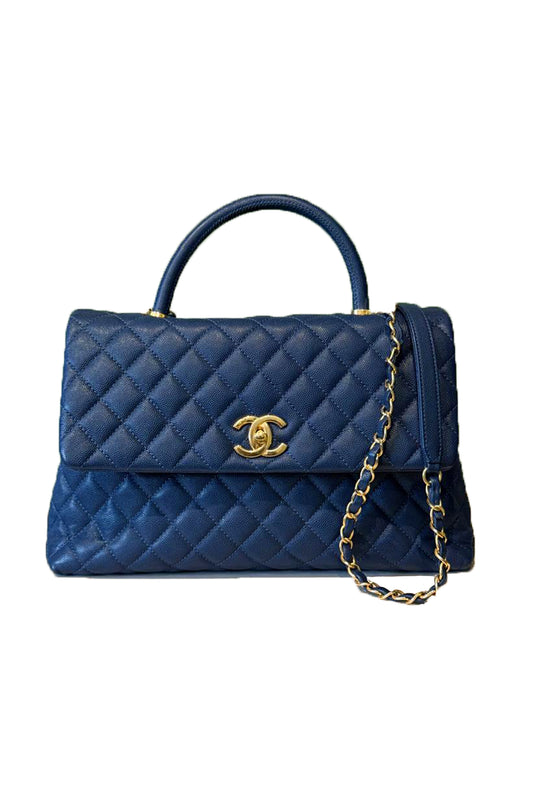 CHANEL MEDIUM COCO HANDLE FLAP BAG LIGHT GOLD HARDWARE AZUL OSCURO