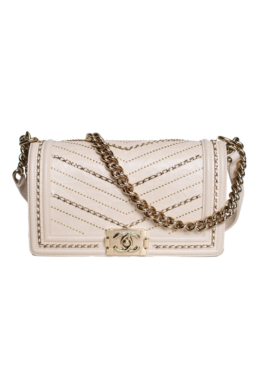 BOLSO CHANEL BOY CHEVRON CHAIN SEQUINS BEIGE CLARO