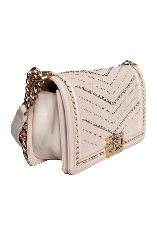 BOLSO CHANEL BOY CHEVRON CHAIN SEQUINS BEIGE CLARO