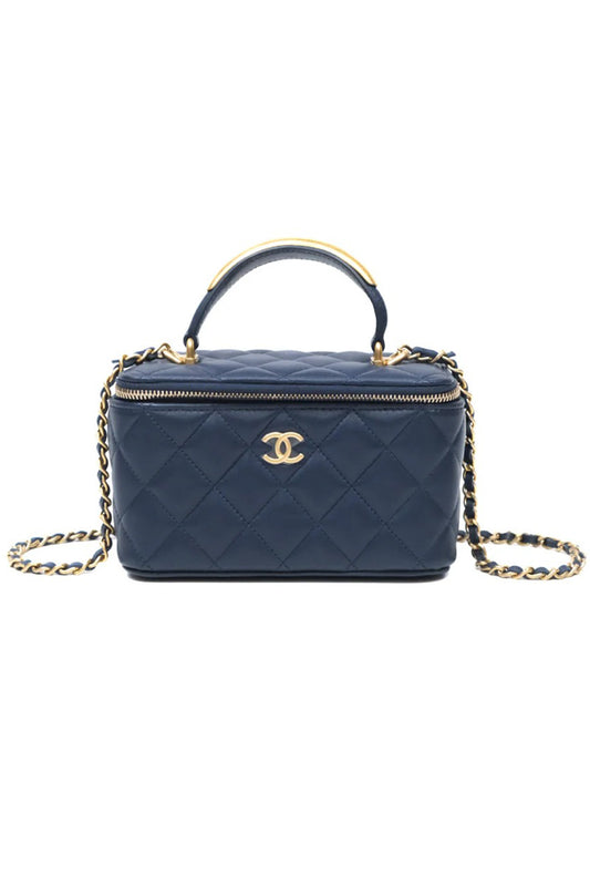 CHANEL VANITY CASE RECTANGULAR METAL TOP HANDLE AGED GOLD HARDWARE NAVY