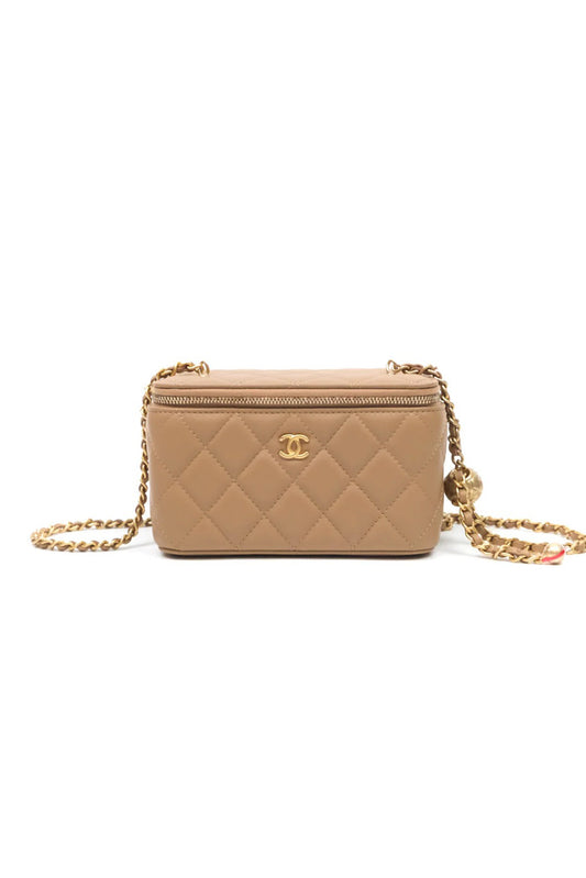 CHANEL PEARL CRUSH VANITY WITH CHAIN AGED GOLD HARDWARE BEIGE