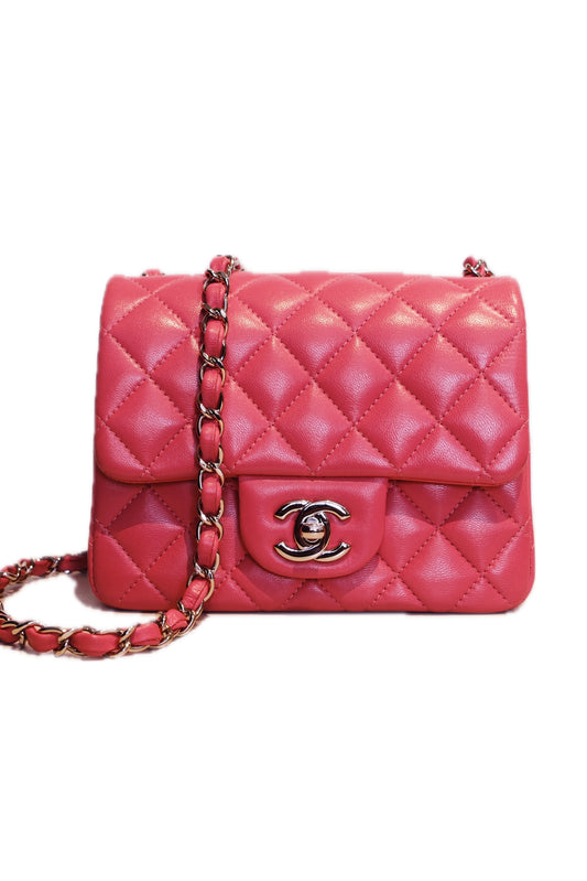 BOLSO CHANEL MINI SQUARE FLAP BAG QUILTED LAMBSKIN ROSA - (GHW)