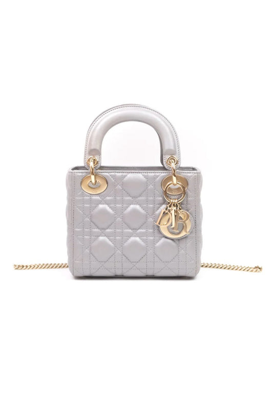 CHRISTIAN DIOR MINI LADY DIOR IRIDESCENT GOLD HARDWARE GRIS PERLA