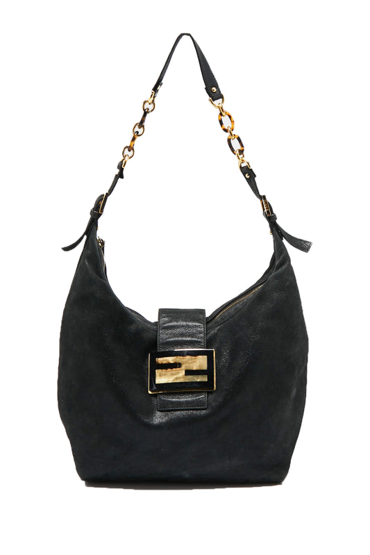 FENDI MAMA FOREVER HOBO BAG METALLIC LEATHER TORTOISESHELL HARDWARE NEGRO