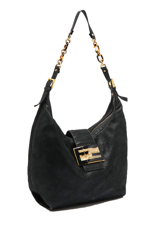 FENDI MAMA FOREVER HOBO BAG METALLIC LEATHER TORTOISESHELL HARDWARE NEGRO