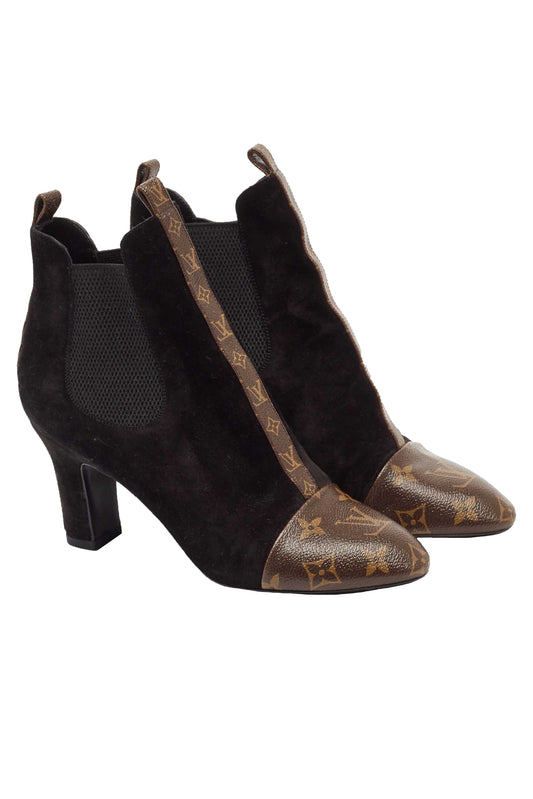 LOUIS VUITTON SUEDE & MONOGRAM CANVAS REVIVAL ANKLE BOOTS