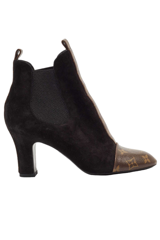 LOUIS VUITTON SUEDE & MONOGRAM CANVAS REVIVAL ANKLE BOOTS