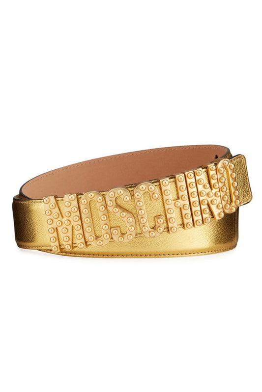 CINTURÓN MOSCHINO METALLIC GOLD STUDDED LOGO BELT