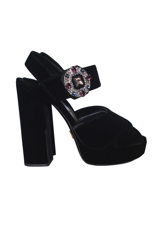 PRADA EMBELLISHED VELVET PLATFORM SANDALIAS DE PLATAFORMA NEGRO