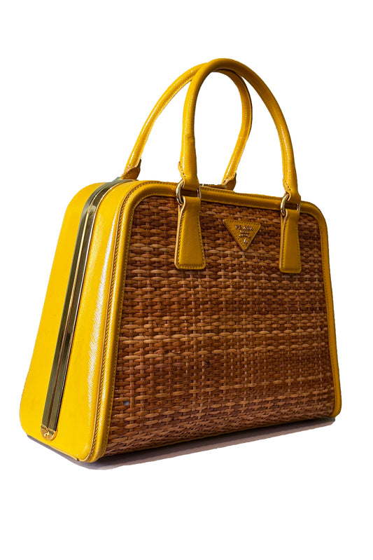 BOLSO PRADA WICKER + SAFFIANO TOP HANDLE BAG AMARILLO