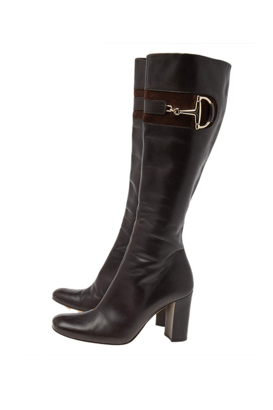 GUCCI HASLER HORSEBIT ACCENT LEATHER BOOTS MARRÓN OSCURO