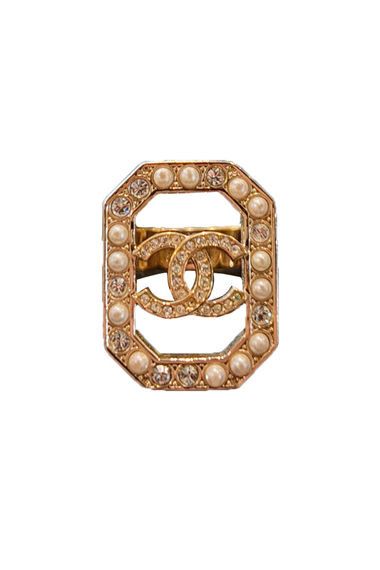 CHANEL CC OCTOGONAL PEARL & CRYSTAL ANILLO