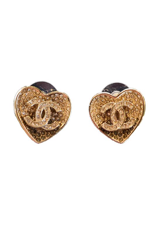 CHANEL CC HEART CRYSTAL EARRINGS/ARETES DORADO