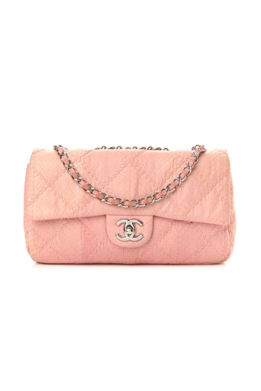 CHANEL CLASSIC FLAP BAG PINK PHYTON SILVER HARDWARE