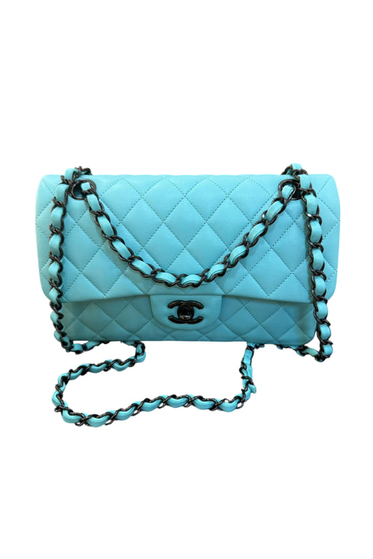 CHANEL CLASSIC MEDIUM DOUBLE FLAP BAG BLUE TIFFANY