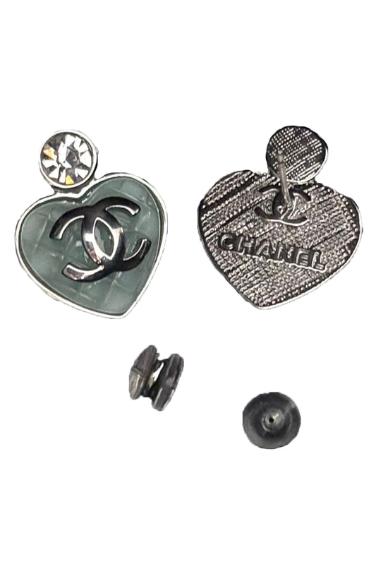 CHANEL HEART EARRINGS CC LOGO AQUA RESIN & CRYSTAL - PLATA/AQUA