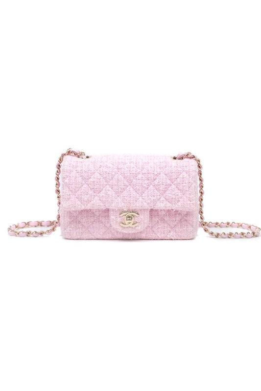 CHANEL CLASSIC MINI RECTANGULAR FLAP BAG (GHW) TWEED ROSA
