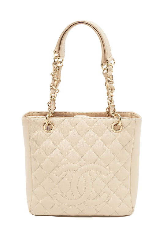 CHANEL QUILTED CAVIAR LEATHER PETITE SHOPPER TOTE BEIGE