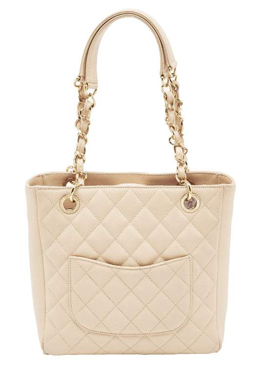 CHANEL QUILTED CAVIAR LEATHER PETITE SHOPPER TOTE BEIGE