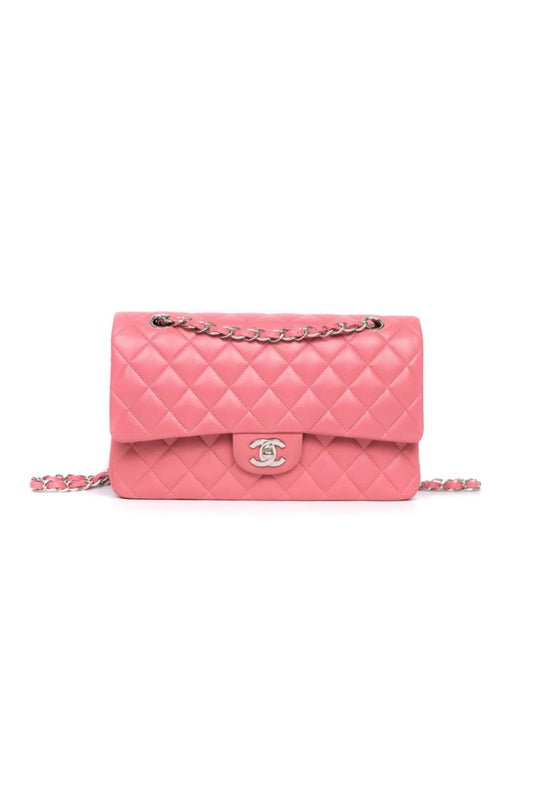 CHANEL CLASSIC MEDIUM FLAP SILVER HARDWARE ROSA