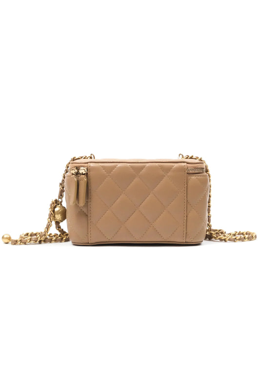 CHANEL PEARL CRUSH VANITY WITH CHAIN AGED GOLD HARDWARE BEIGE