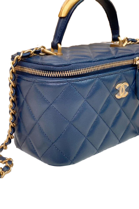 CHANEL VANITY CASE RECTANGULAR METAL TOP HANDLE AGED GOLD HARDWARE NAVY