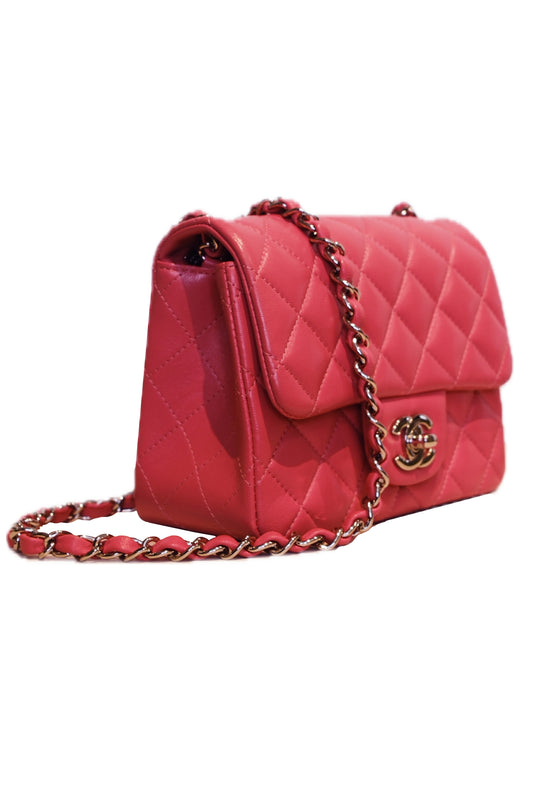 BOLSO CHANEL MINI SQUARE FLAP BAG QUILTED LAMBSKIN ROSA - (GHW)