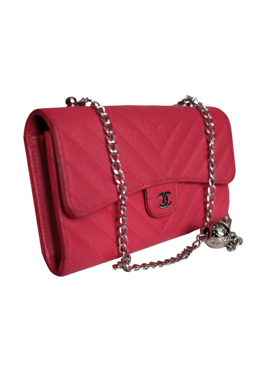 CHANEL CHEVRON CAVIAR LONG FLAP WALLET ON CHAIN RE-WORKED CHANEL ROJO