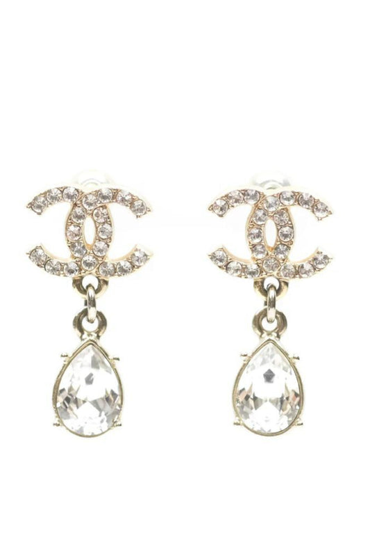 CHANEL 19A GOLD-TONE CC LOGO CRYSTAL DROP EARRINGS