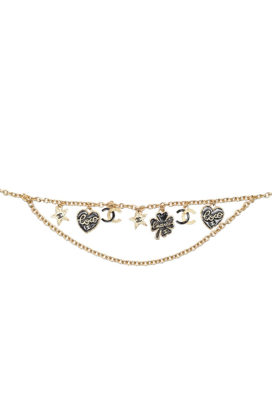 CHANEL BELT WITH LOGO CHAIN AND BLACK HEART, CC AND LUCKY CLOVER CHARMS
