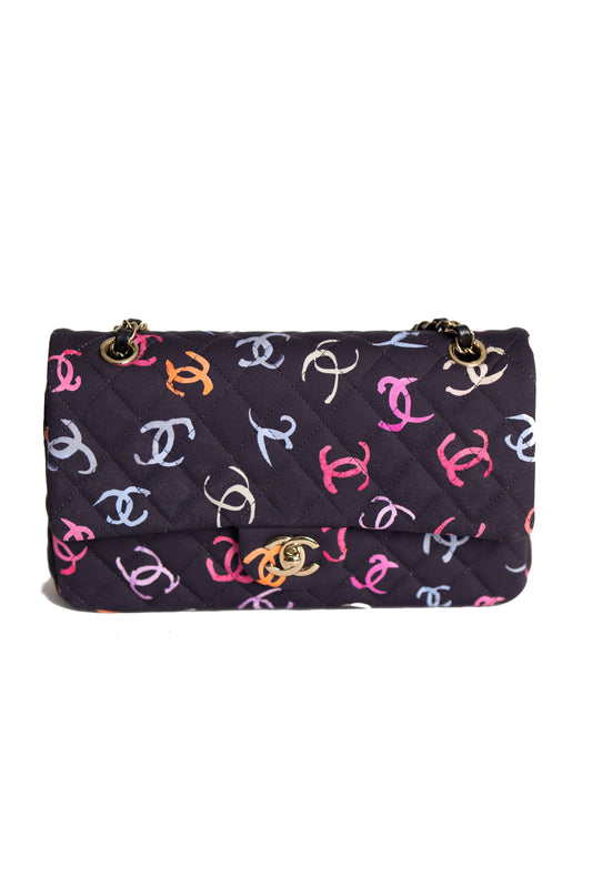 CHANEL CLASSIC FLAP BAG MULTICOLOR LOGO PRINTED QUILTED FABRIC