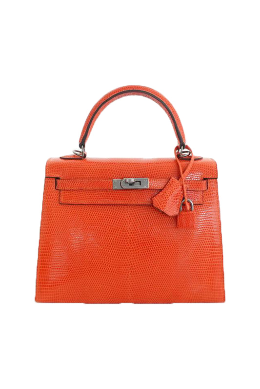 HERMÈS KELLY 25 SELLIER LIZZARD POPPY ORANGE PHW