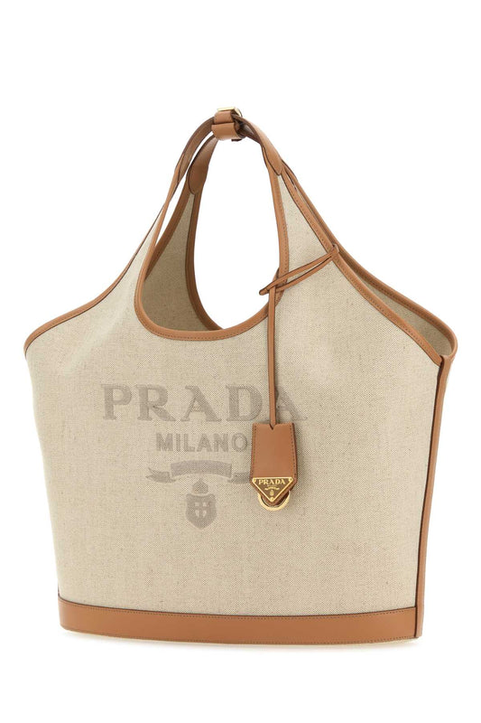 PRADA LINEN AND LEATHER TOTE BAG