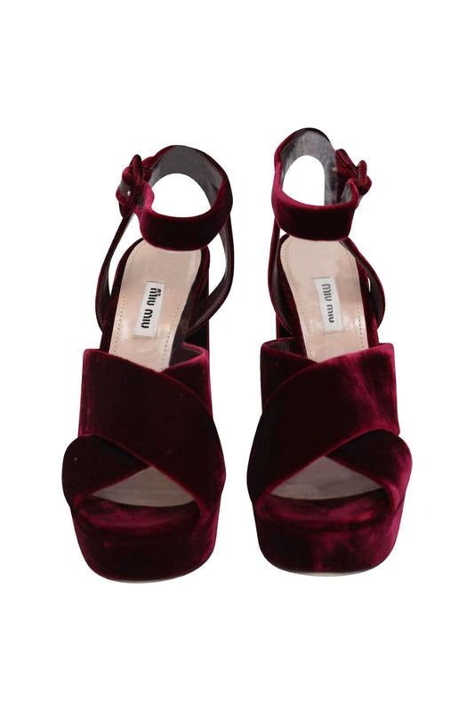 MIU MIU BURDEOS PLATFORM CRISS CROSS SANDALS BURGUNDY VELVET