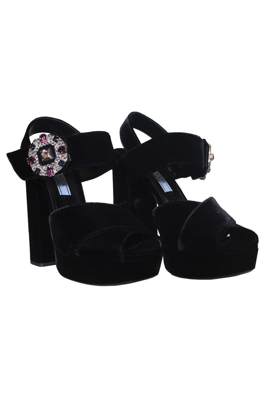PRADA EMBELLISHED VELVET PLATFORM SANDALIAS DE PLATAFORMA NEGRO