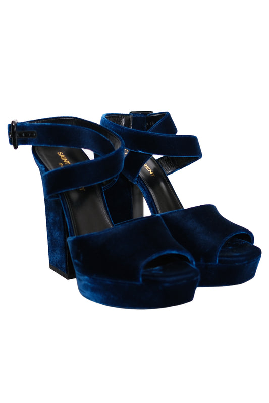 SANDALIAS DE PLATAFORMA SAINT LAURENT DEBBIE VELVET AZUL OCÉANO